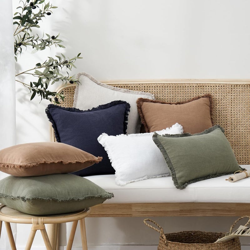 Foindtower Set of 2 Decorative Linen Fringe Lumbar Throw Pillow Covers Boho Farmhouse Cushion Cover with Tassels Soft Accent Pillowcase for Couch Sofa Bed Living Room Home Decor,12×20 Inch,Olive Green - Image 5